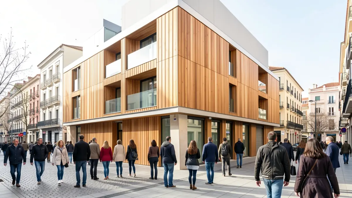 Fachada de un edificio residencial de madera en Madrid.