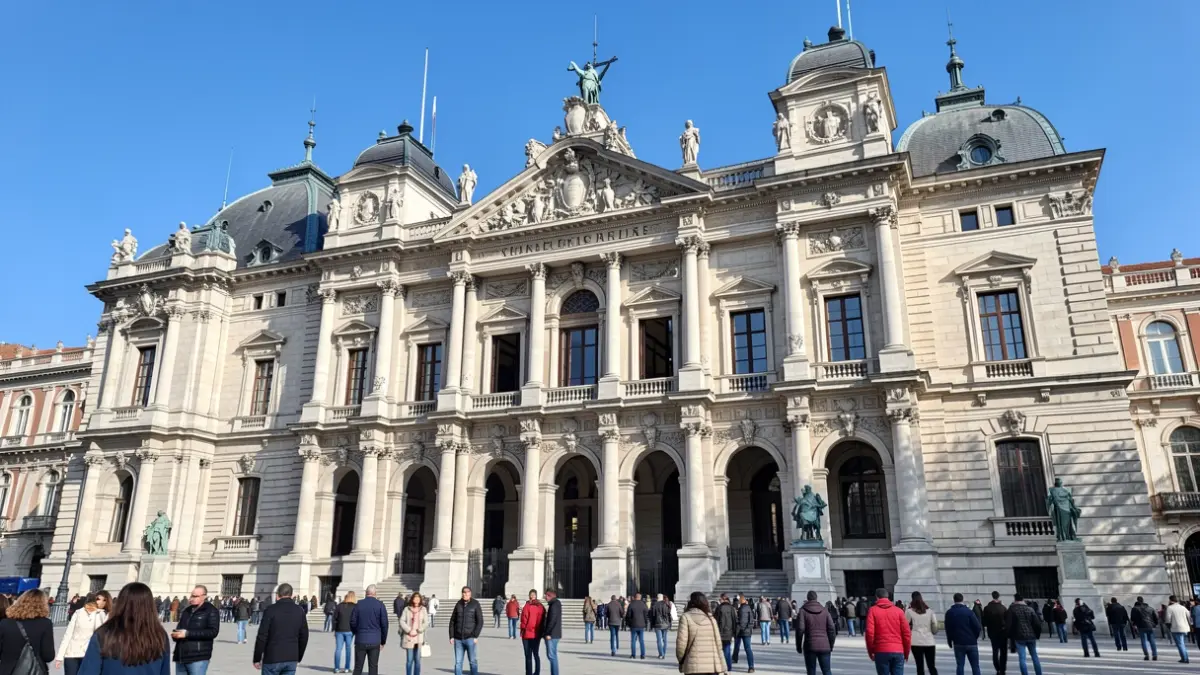 Facade of the Casón del Buen Retiro in Madrid, highlighting its monumental 19th-century architecture.