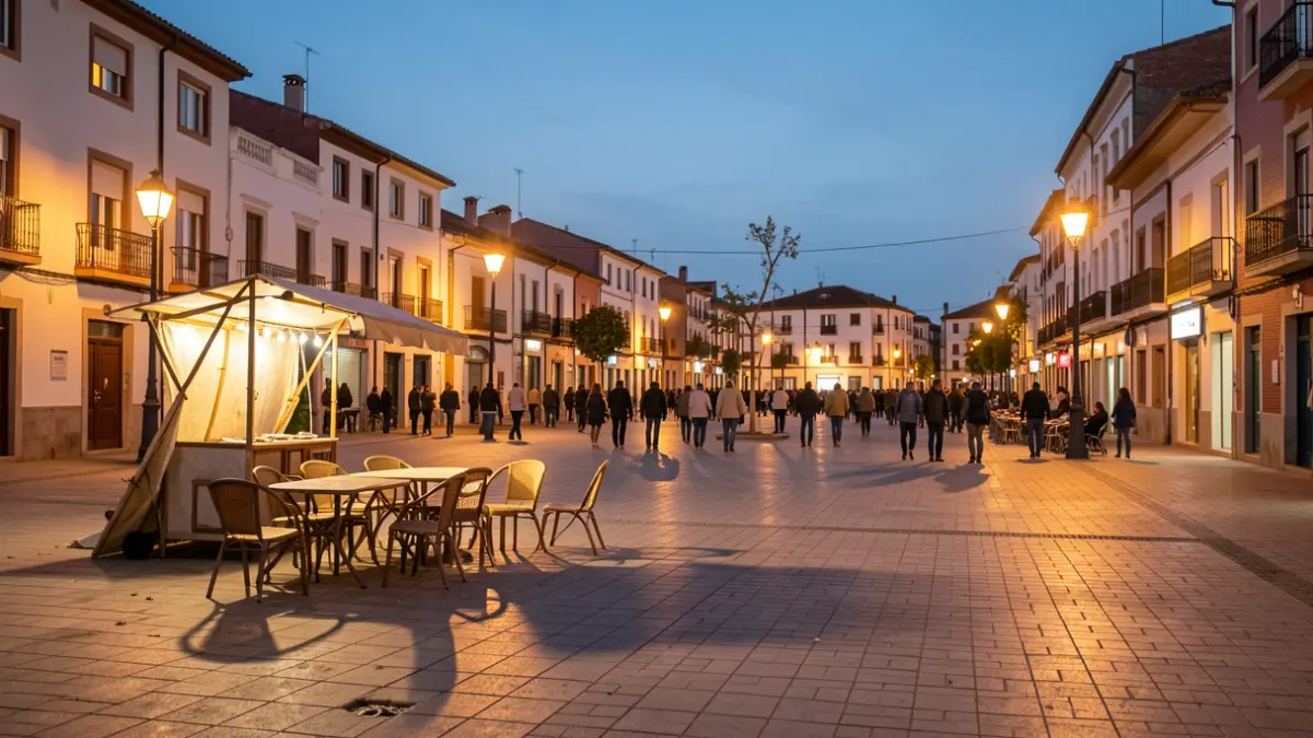 Empty square in Alcorcón at dusk, with chairs and tables from a closed stall, streetlights and shadows.
