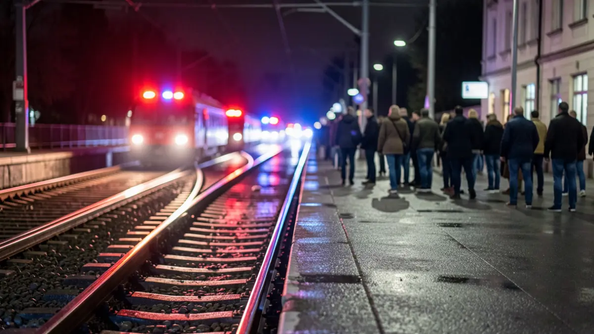 Red and blue emergency lights reflected on wet train tracks at night.