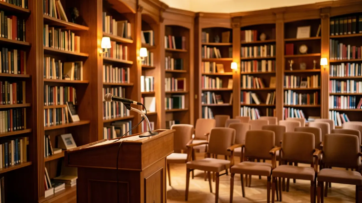 Generic image of a library with wooden bookshelves and a podium for presentations.