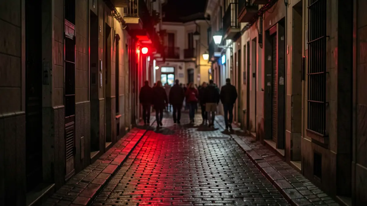 Imagen genérica de una calle oscura en Lavapiés con luces de emergencia.