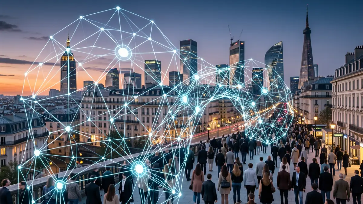 Abstract representation of artificial intelligence infrastructure with neural network patterns and interconnected nodes, against a European city skyline at dusk.