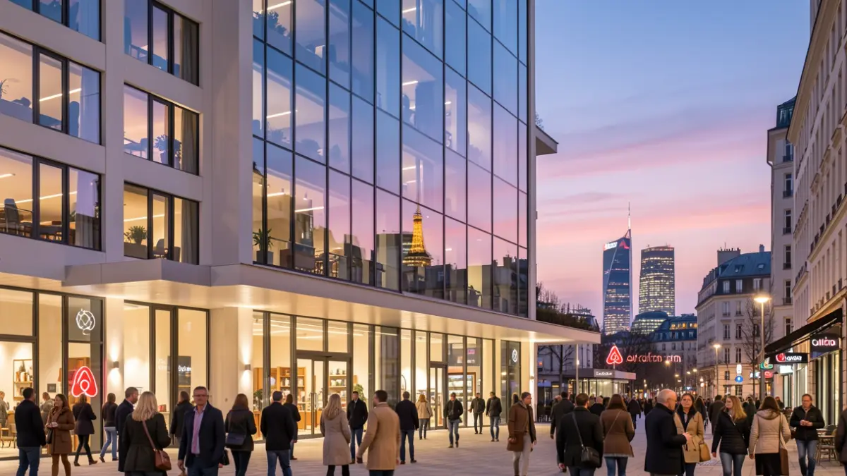 Modern hotel facade in Madrid with the city skyline at dusk.