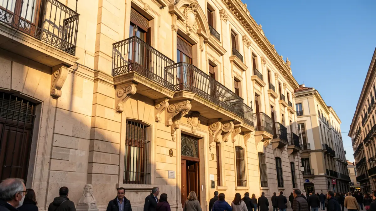 Stone facade of a la Comunidad de Madrid town hall with ornate balcony and iron railings, warm afternoon sunlight casting shadows on the sandstone walls, blue sky.
