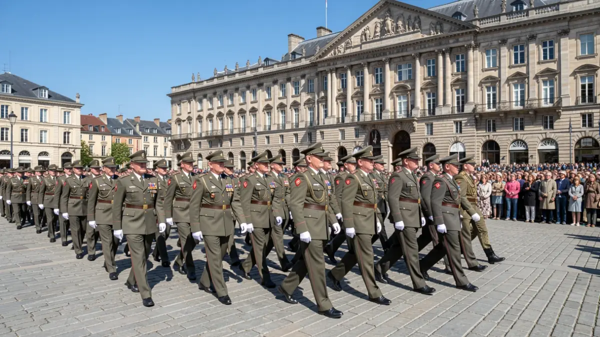 Military parade of veterans in Cervantes square, Alcalá de Henares.