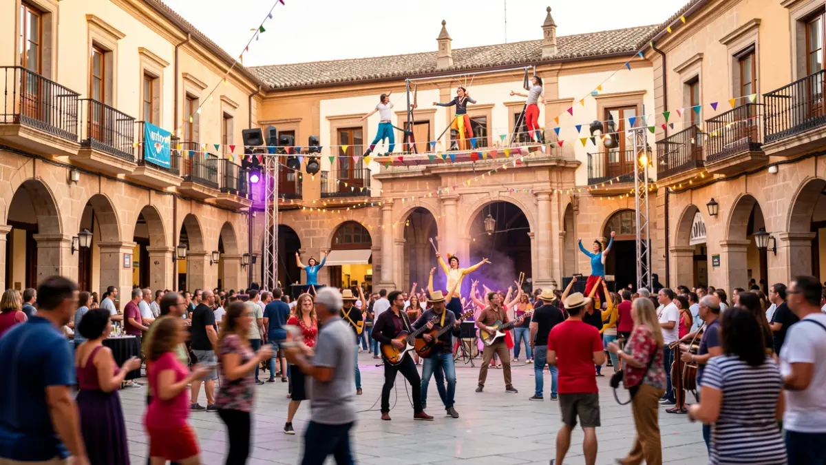 Imagen genérica de una plaza histórica con artistas callejeros y público celebrando un festival cultural.