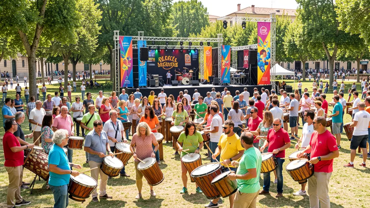 Imagen genérica de un festival de percusión al aire libre con mucha gente tocando instrumentos.