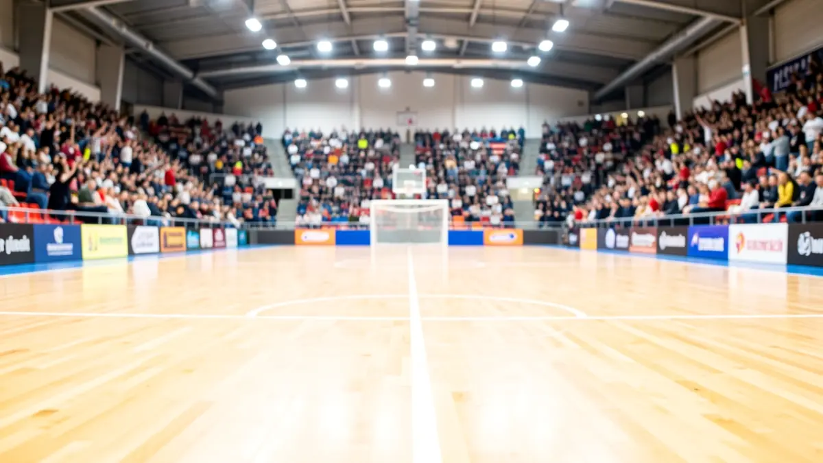 Pista de fútbol sala vacía en un pabellón deportivo con gradas al fondo.