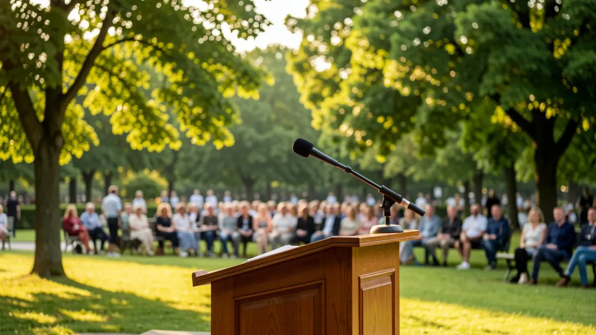 Outdoor stage set up for an awards ceremony in a natural setting.