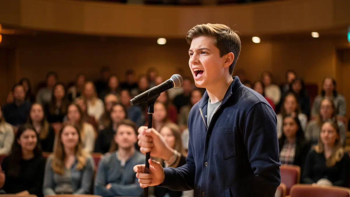 Image of a young person speaking at a podium during a session of the Municipal Children's Council in Alcalá de Henares.