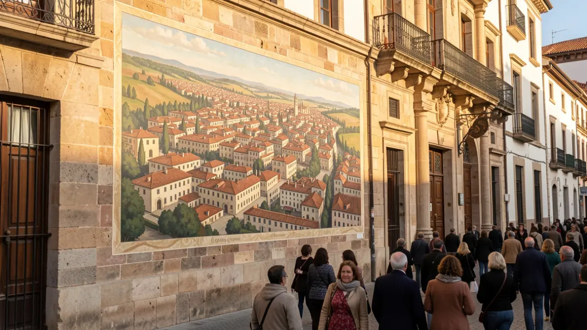 Facade of the Casa Tapón in Alcalá de Henares with the new historical mural.