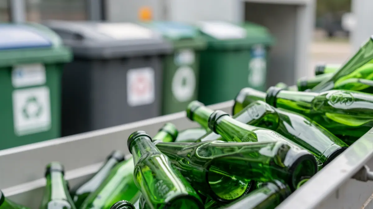 Primer plano de botellas de vidrio verde siendo clasificadas para reciclaje.