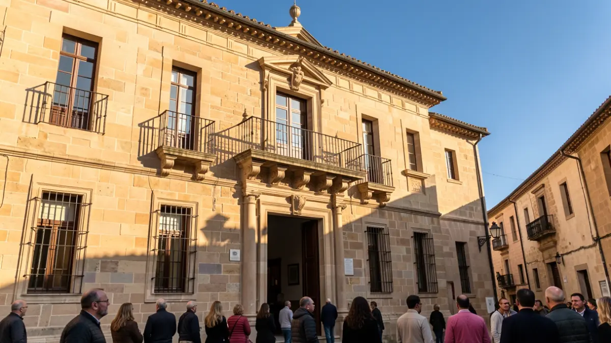 Fachada de un ayuntamiento de piedra tradicional en Alcalá de Henares con balcón y barandillas de hierro, luz de sol de la tarde.