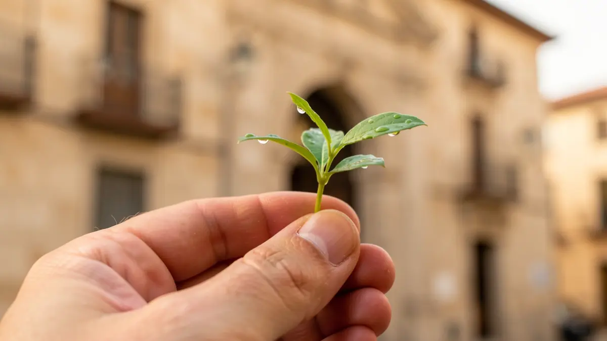Generic image of a hand holding a small plant in front of a town hall facade.