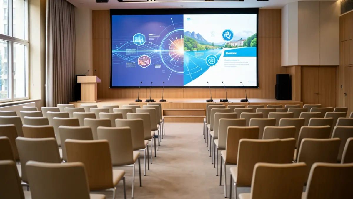 Generic image of a modern conference hall with an empty stage.