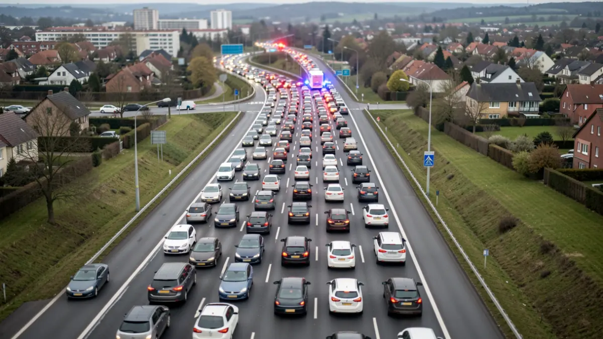 Vista aérea de la autovía A-2 congestionada con tráfico denso y luces de emergencia.