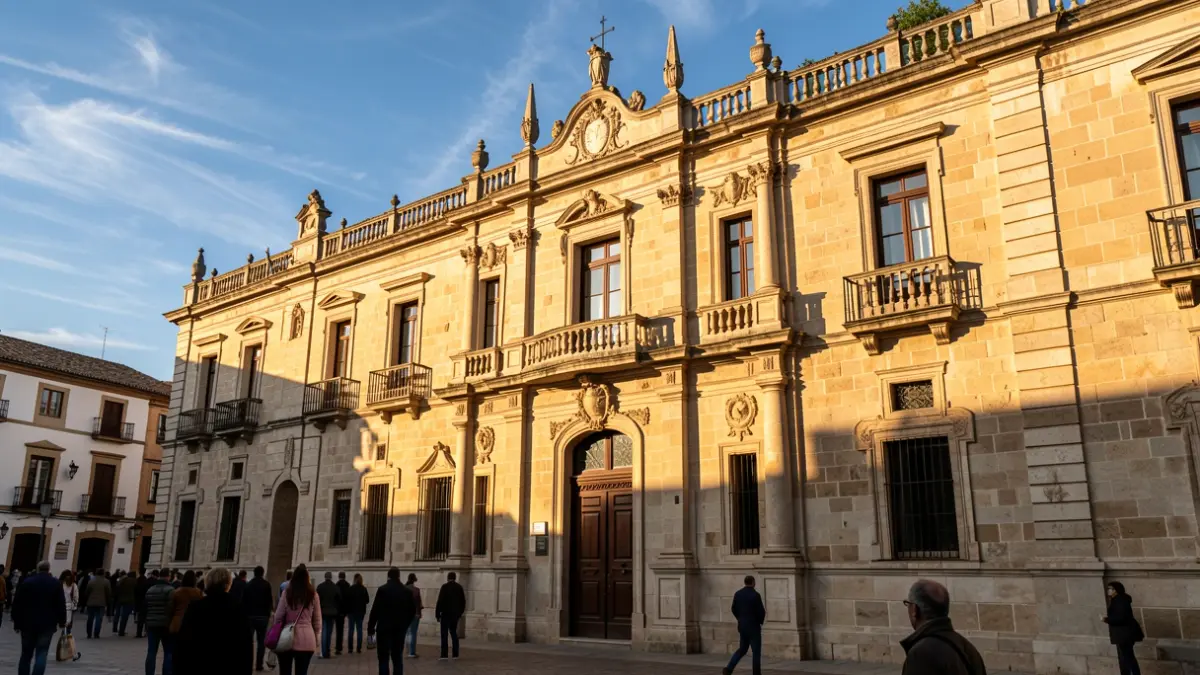 Fachada de un edificio histórico en Alcalá de Henares con detalles arquitectónicos ornamentados, bajo la cálida luz del sol de la tarde.