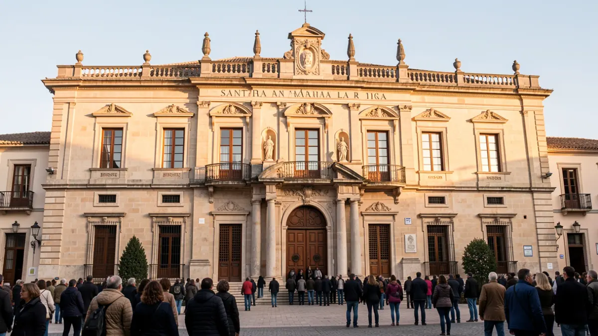 Fachada del edificio histórico de Santa María la Rica en Alcalá de Henares.