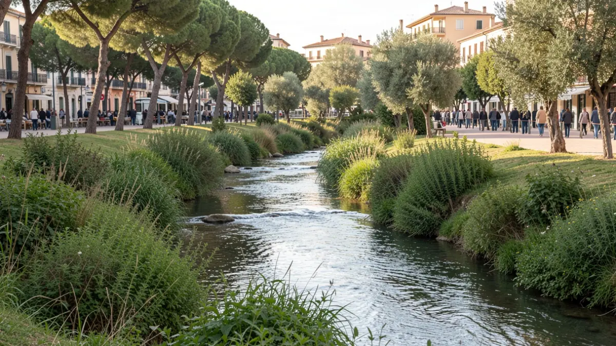 Generic image of an urban natural environment with a stream and vegetation.