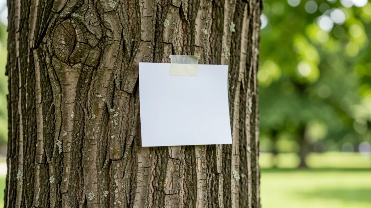Two informational flyers taped to a tree in a park.