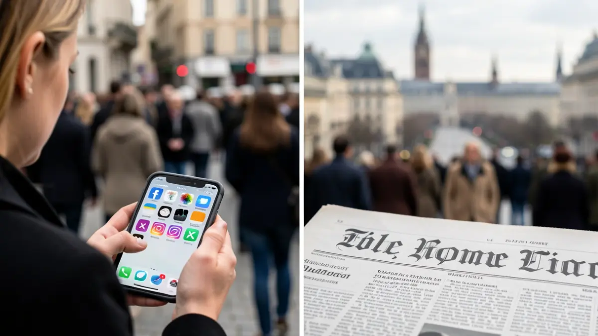 Split image: one side shows a mobile with social media, the other a newspaper with urban background.