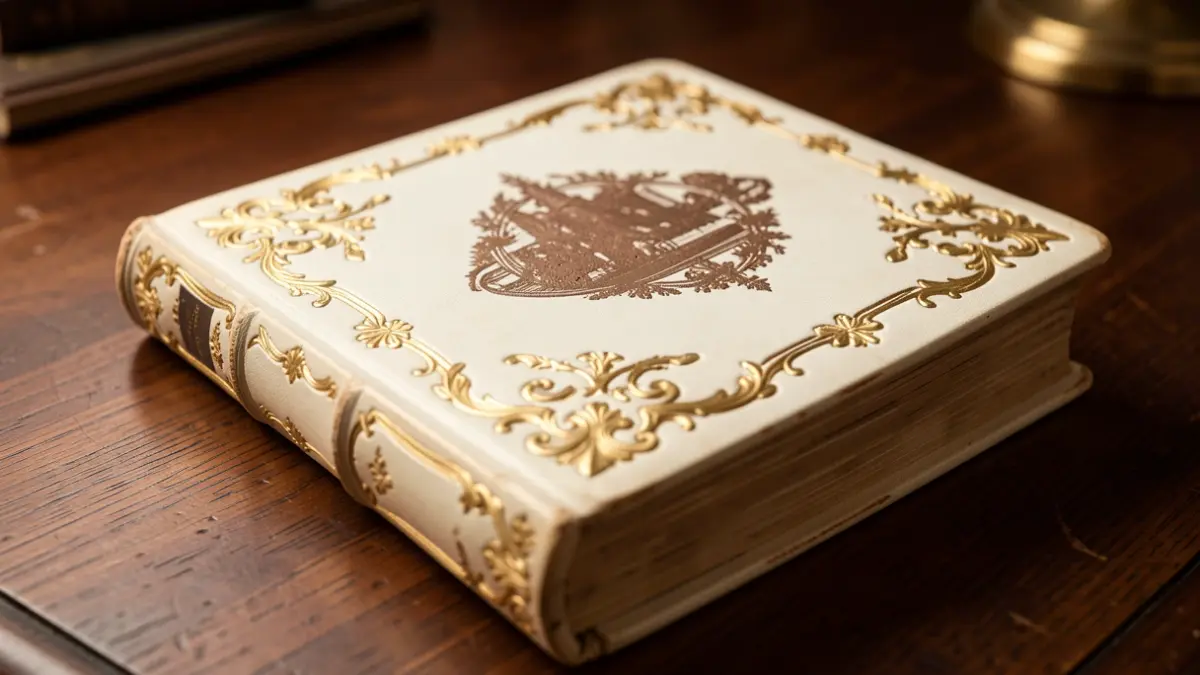 Antique white-bound book with gold details.
