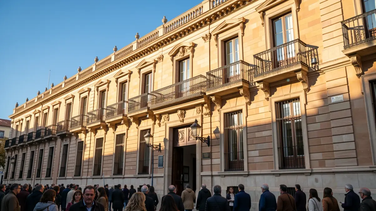 Facade of a Madrid town hall with ornate balconies and iron railings, warm afternoon sunlight casting shadows on sandstone walls, blue sky.