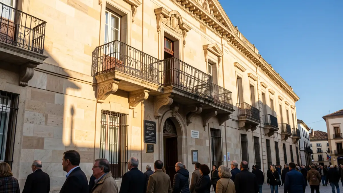 Facade of a town hall in the Community of Madrid with a balcony and iron railings, warm afternoon light.