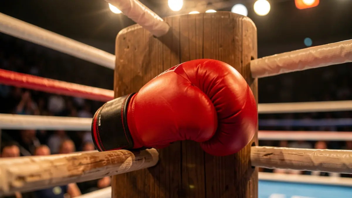 Close-up of a boxing glove on a wooden ring post.
