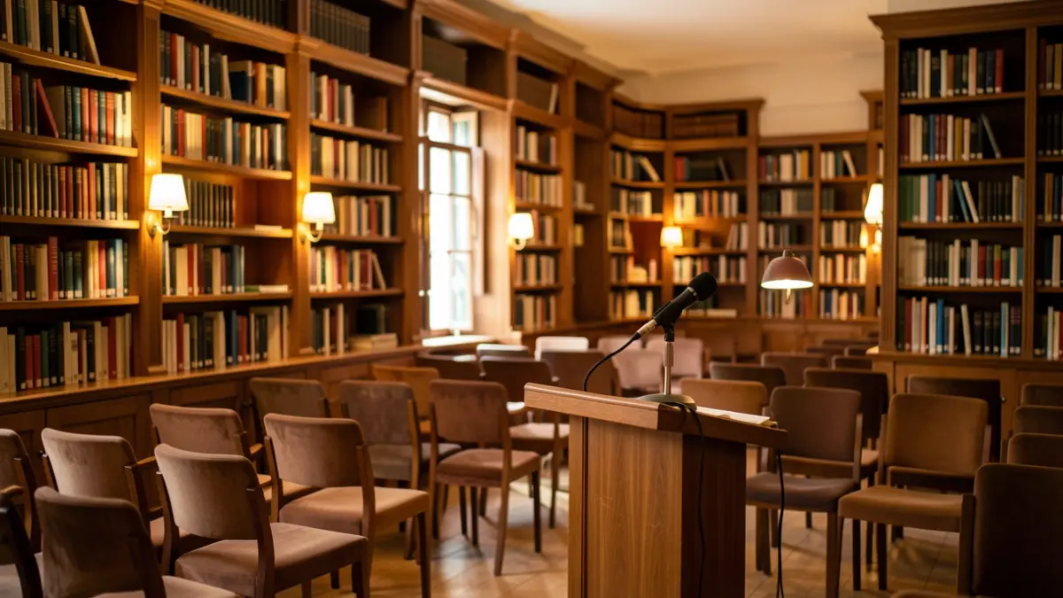 Generic image of a literary presentation room with bookshelves and a podium.