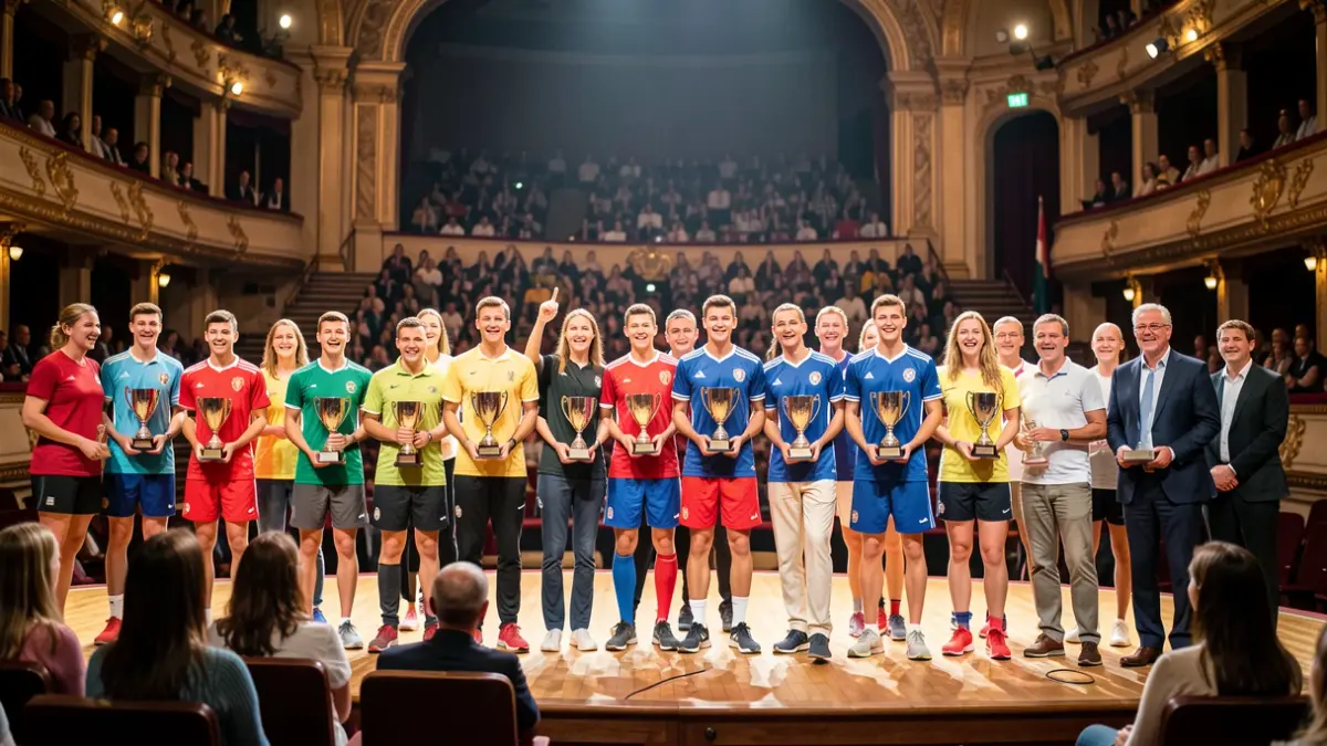 Imagen genérica de deportistas recibiendo premios en un teatro.