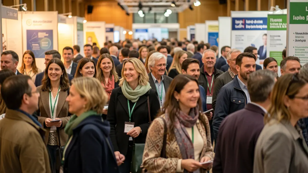 Generic image of a job fair with attendees and company booths.