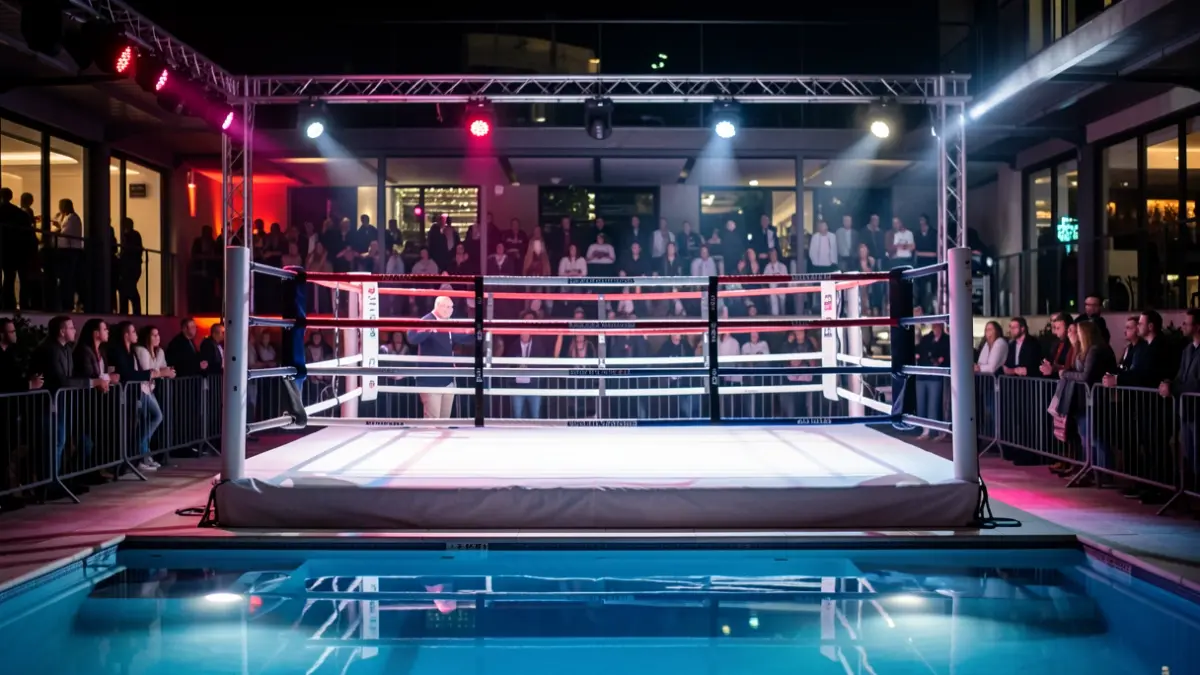 Kickboxing ring over a swimming pool at a sports event in Alcorcón.