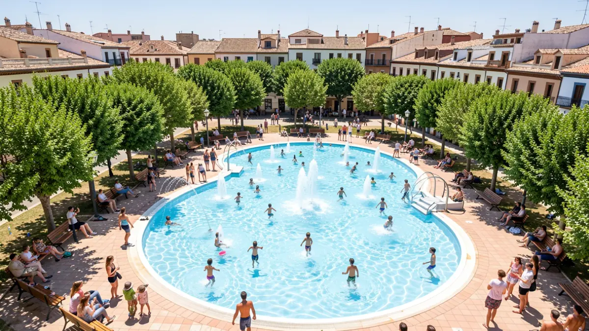 Vista aérea de un parque acuático municipal en Alcorcón con chorros interactivos y familias disfrutando.