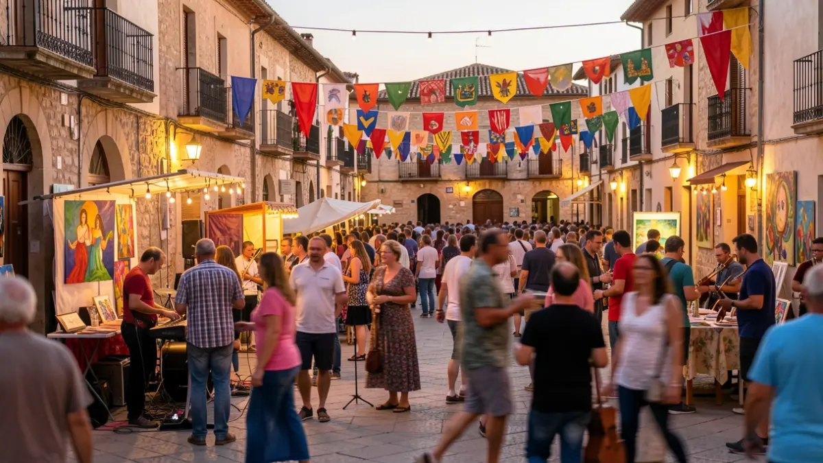 Generic image of a Spanish town square during a festival with people enjoying music and art.