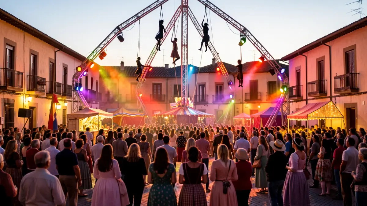 Imagen genérica de un festival de circo al aire libre en una plaza de Alcorcón al atardecer.