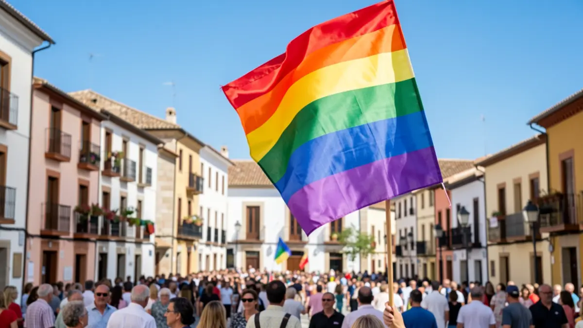 Rainbow flag being raised in Alcorcón's Plaza de España during the LGTBI+ Pride celebration.