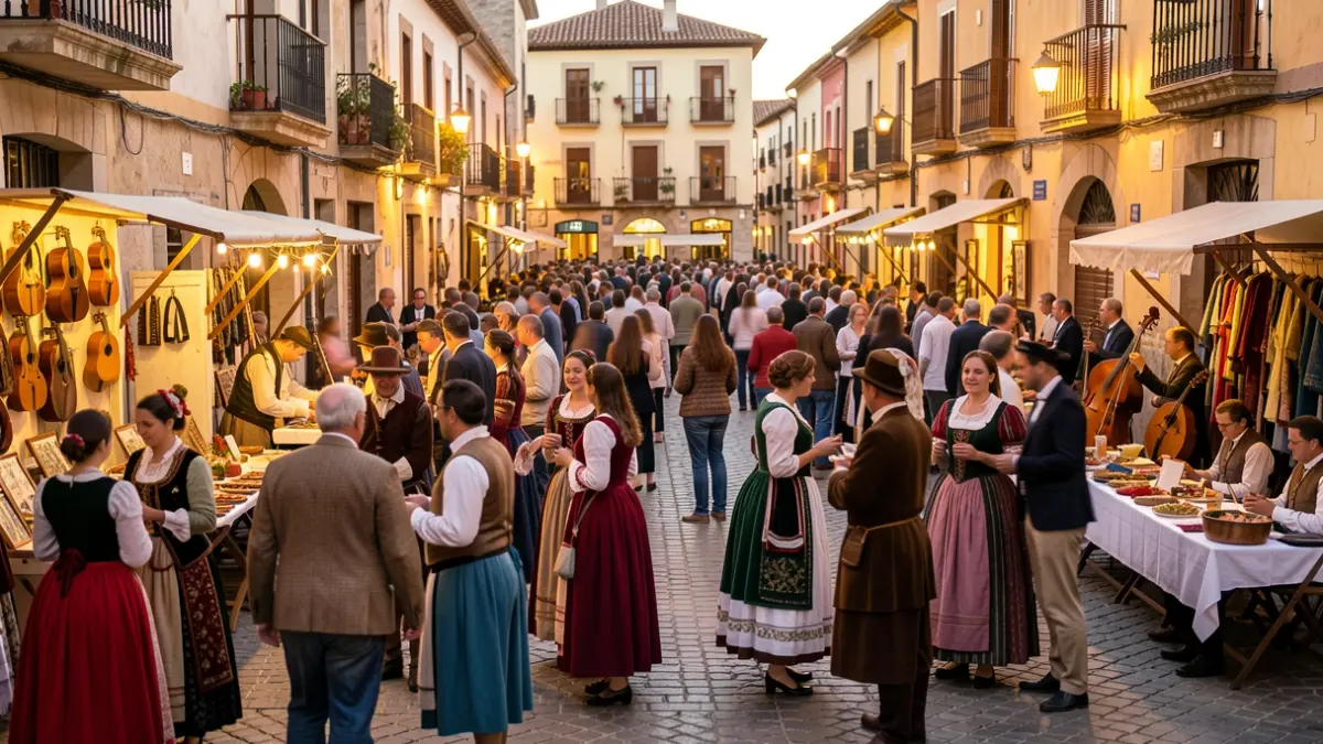 Imagen genérica de una plaza española celebrando un evento intercultural con desfiles y música.