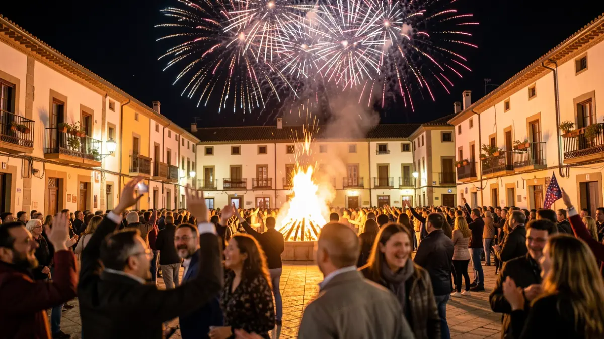 Generic image of a night celebration with a bonfire and fireworks.