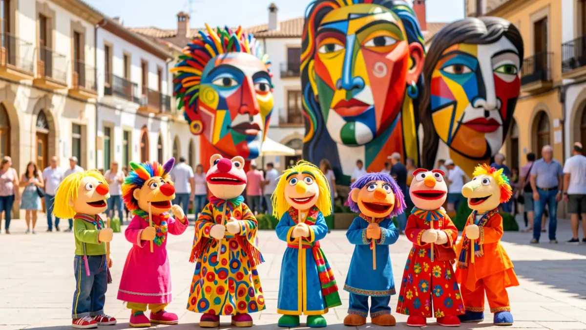 Generic image of a plaza in Alcorcón with puppets and giant masks inspired by Picasso.
