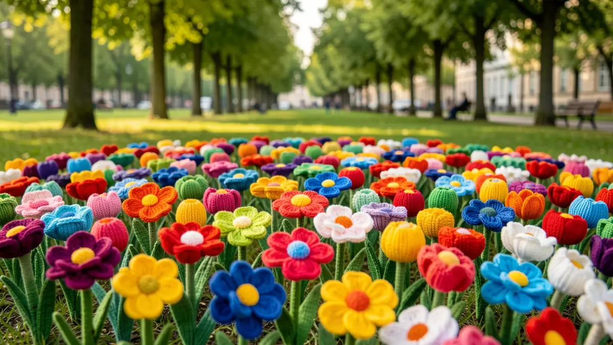 Installation of handmade knitted flowers in a park as a symbol of equality.