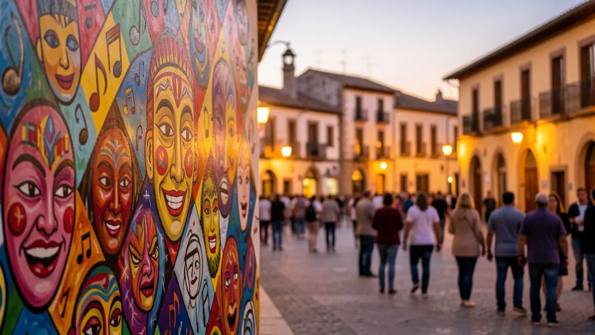 Imagen genérica de un mural de arte urbano con elementos culturales y un ambiente festivo al atardecer.
