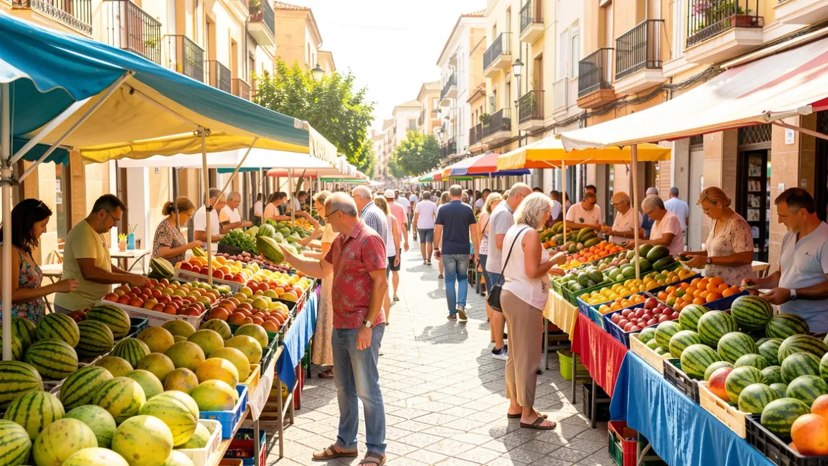 Puestos de melones y sandías en una calle de Alcorcón anunciando la llegada del verano.