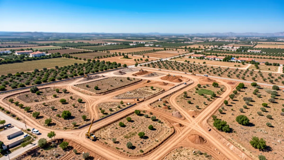 Vista aérea de movimientos de tierras en fincas privadas en Alcorcón.
