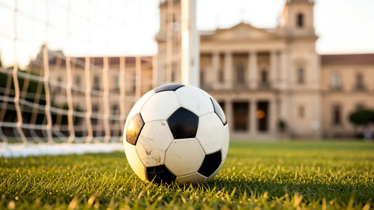 Generic image of a soccer ball on grass with the silhouette of Alcorcón Town Hall in the background.