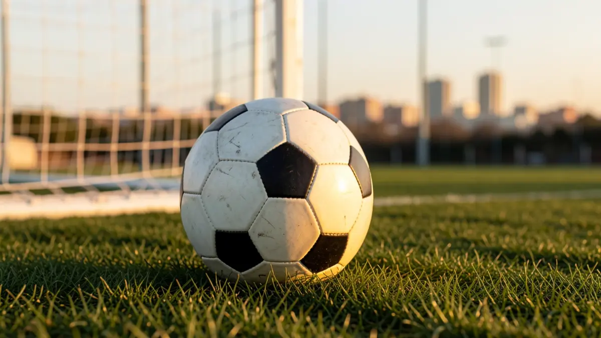 Close-up of a soccer ball on grass, with a blurred goal net in the background and the Alcorcón skyline in the distance.