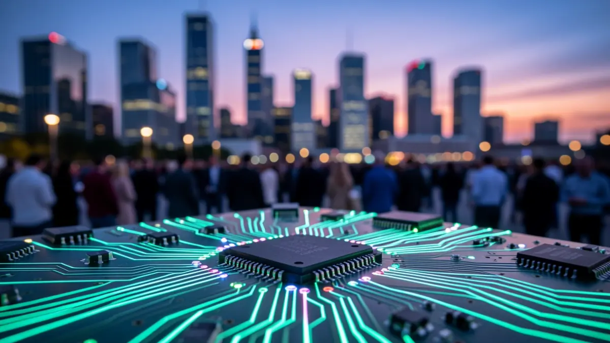 Generic image of a digital circuit board with glowing lights, symbolizing urban technological innovation.