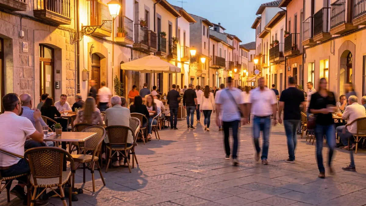 Generic image of a Spanish town square with outdoor seating at night.