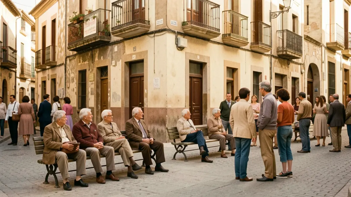 Imagen genérica de una esquina de calle en Alcorcón en los años 80, con gente mayor en los bancos y jóvenes reunidos.
